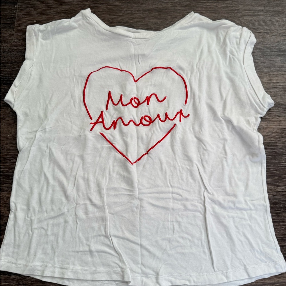 White graphic tee with Red Heart Embroidered